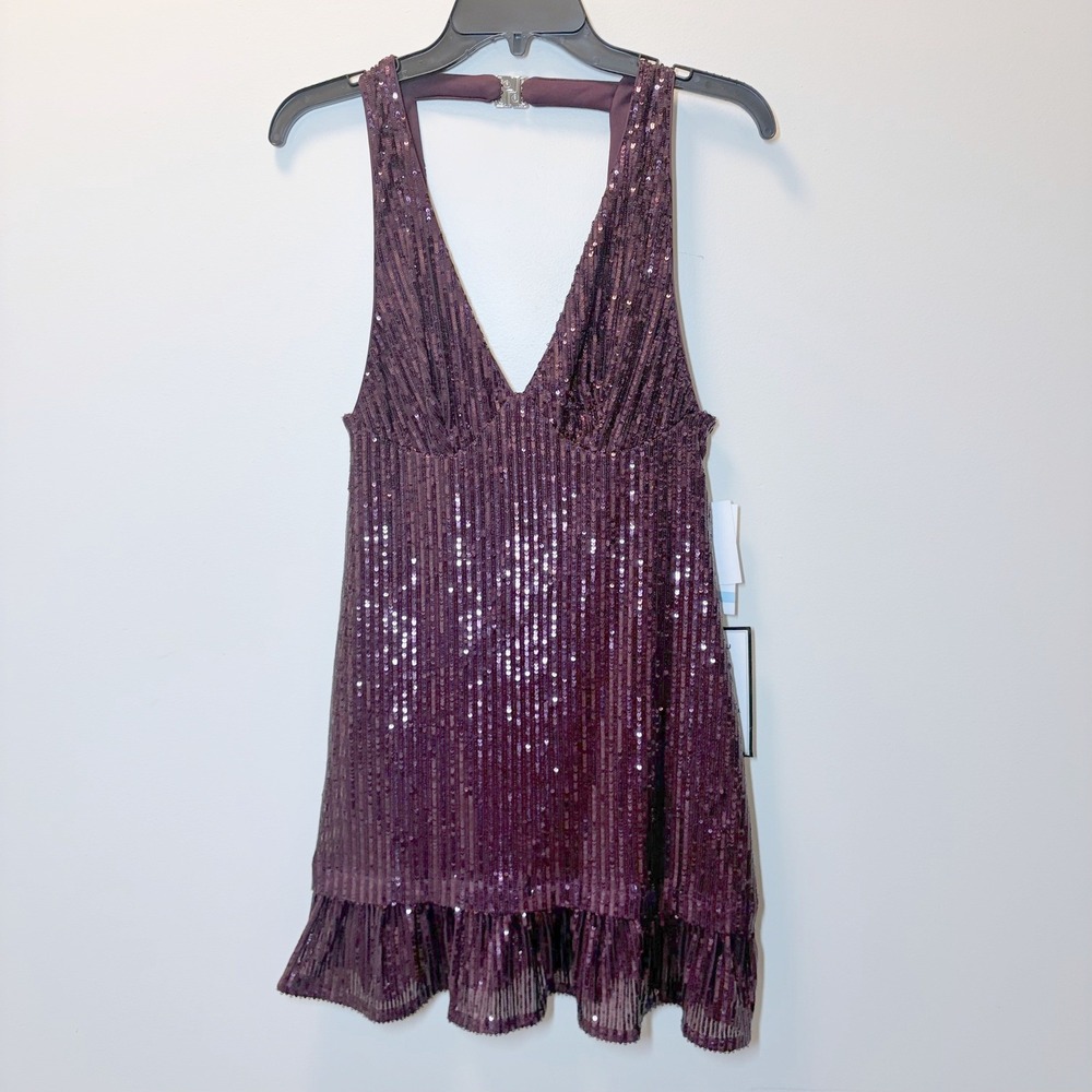 Violet Weekend Purple Sequin V-Neck Ruffle Hem Mini Dress Size 5/6 NEW